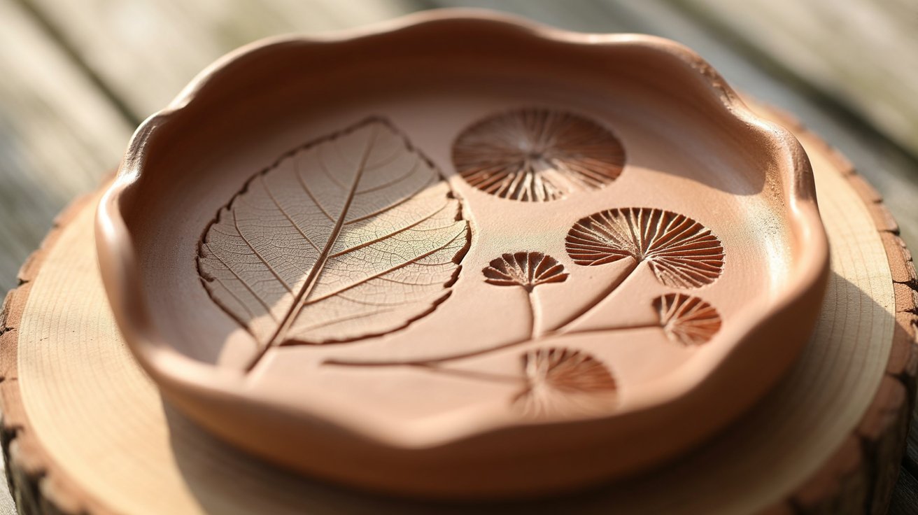 A brown bowl adorned with green leaves, showcasing a natural and earthy aesthetic.