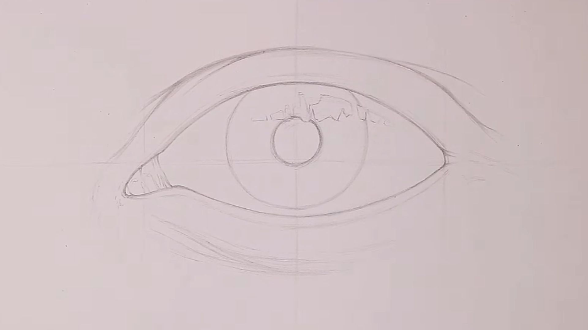 Step 5 of drawing an eye, showing detailed shading and highlights for realistic effect.