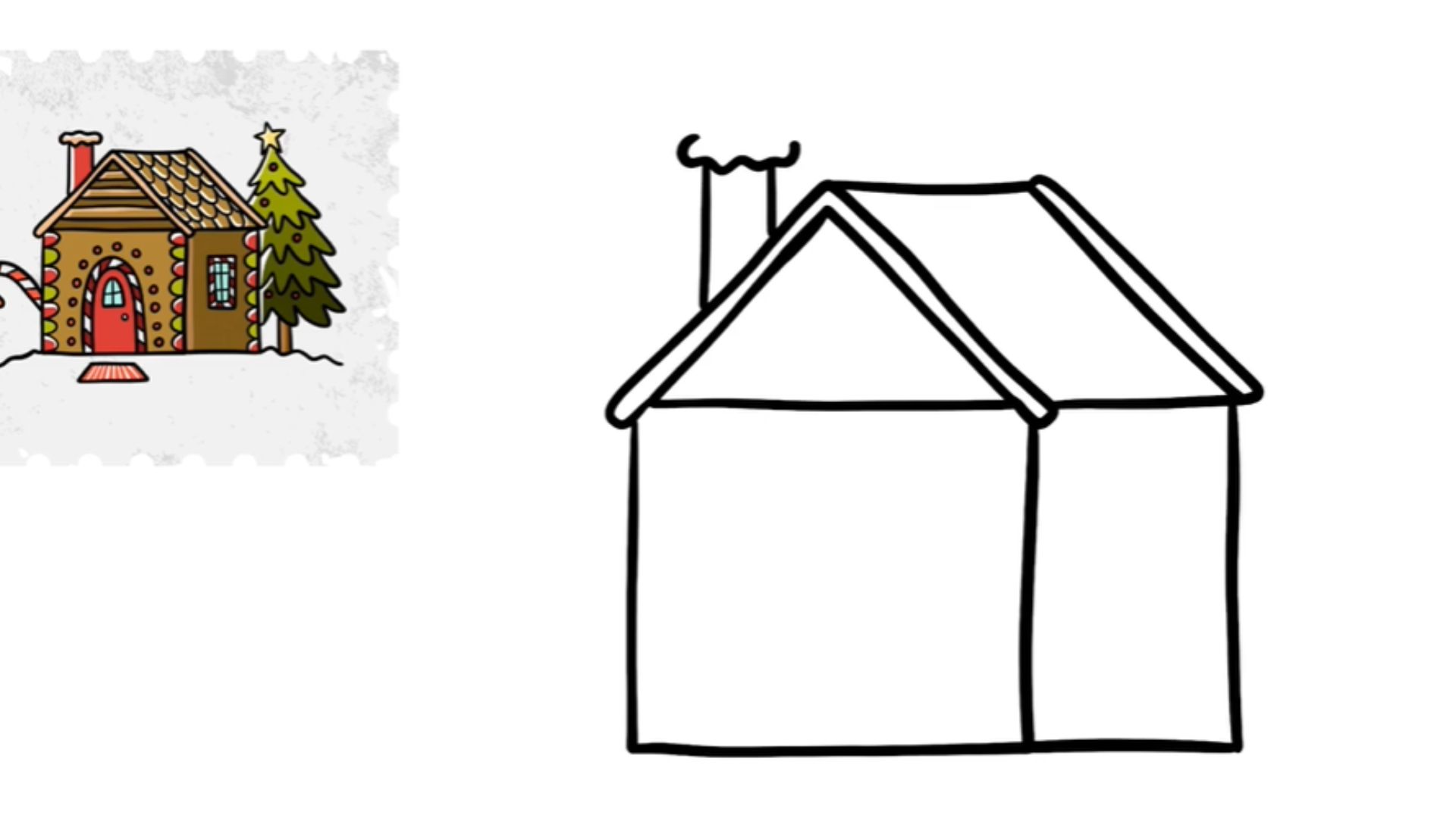Step-by-step guide illustrating how to draw a house with a chimney, featuring simple shapes and lines.