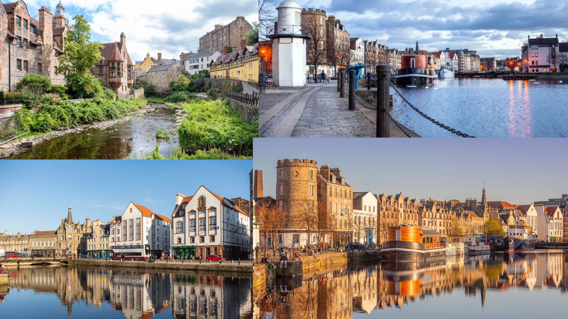 Four images showcasing various architectural styles of buildings in an urban setting.