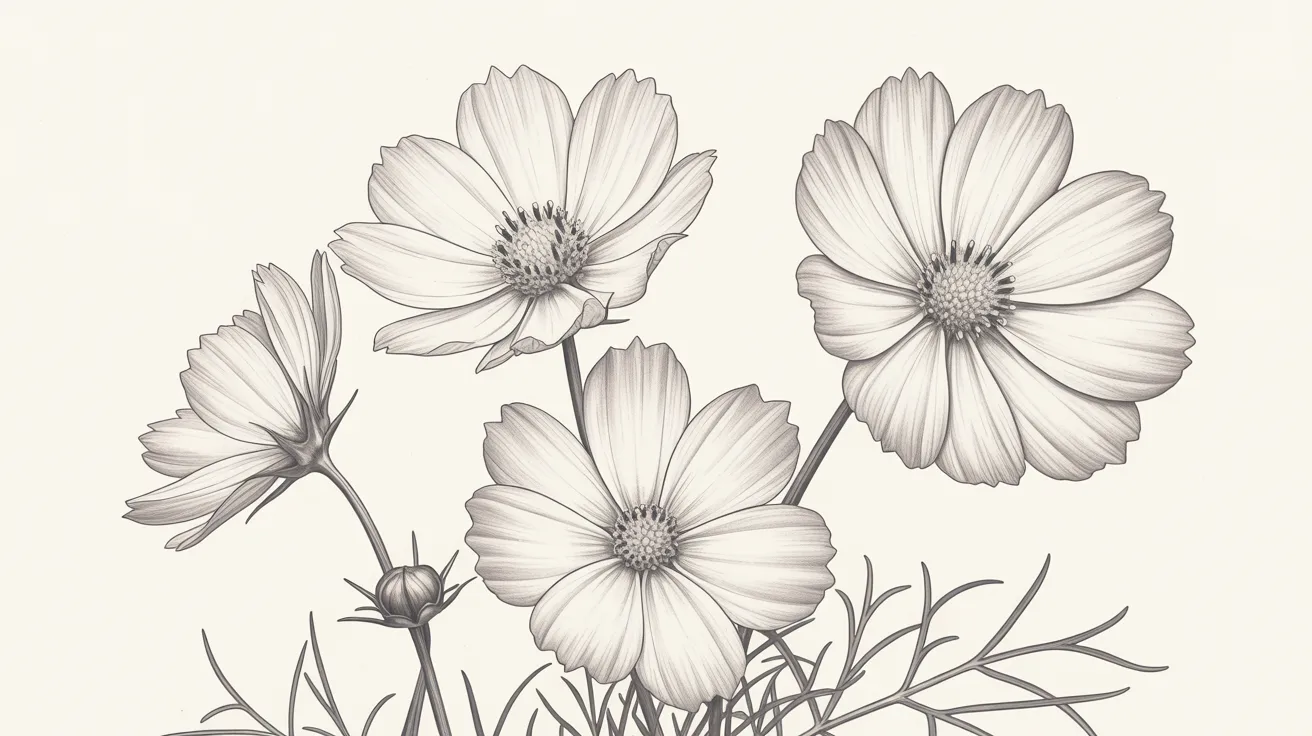 Pencil drawing of cosmos flowers on a white background, showcasing delicate petals and intricate details.