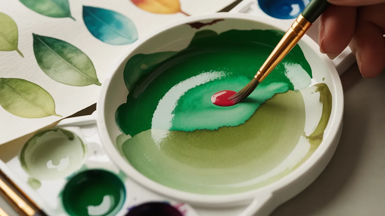An individual is applying green paint to a white bowl, creating a detailed leaf illustration.