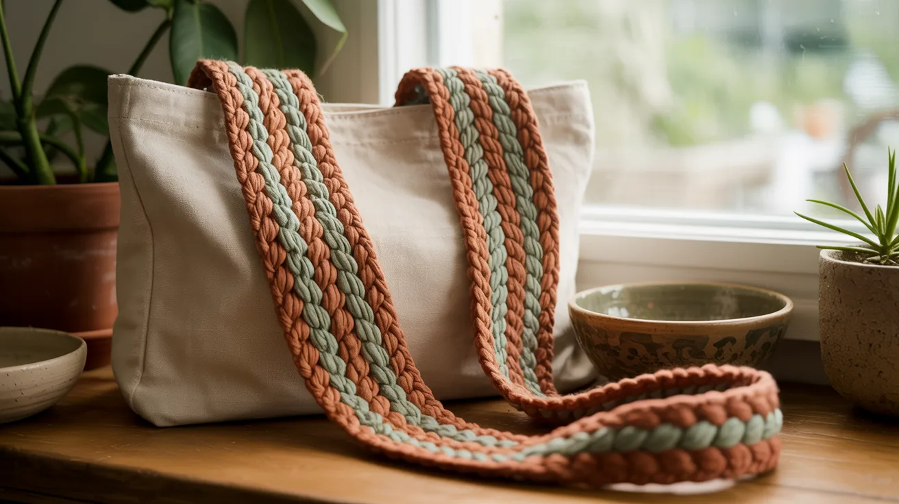 A colorful crochet bag resting on a sunlit window sill, surrounded by soft natural light.