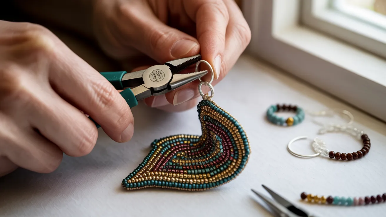 A person is assembling a beaded necklace, holding scissors to trim the cord.