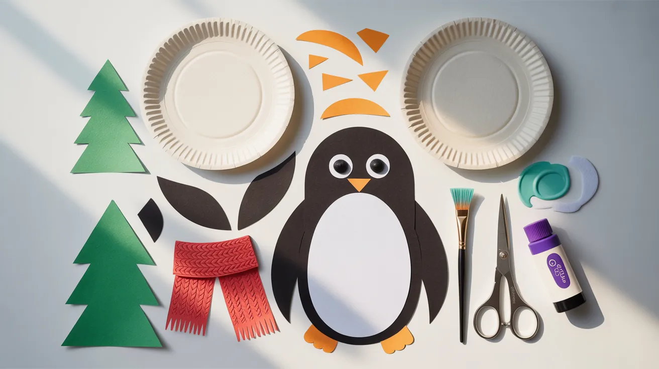 A colorful paper plate penguin craft featuring black and white colors with orange feet and a cheerful expression.