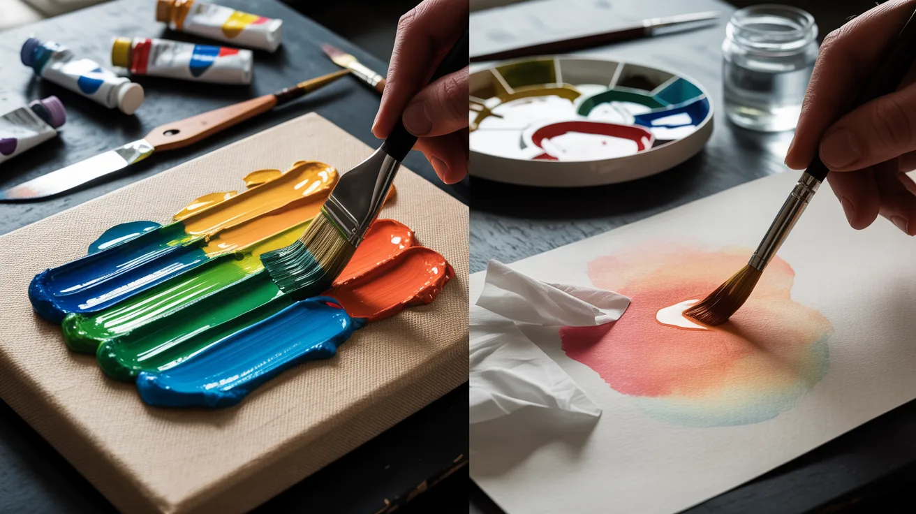 An individual applies a paintbrush to create a colorful rainbow, capturing the essence of joy and artistic expression.