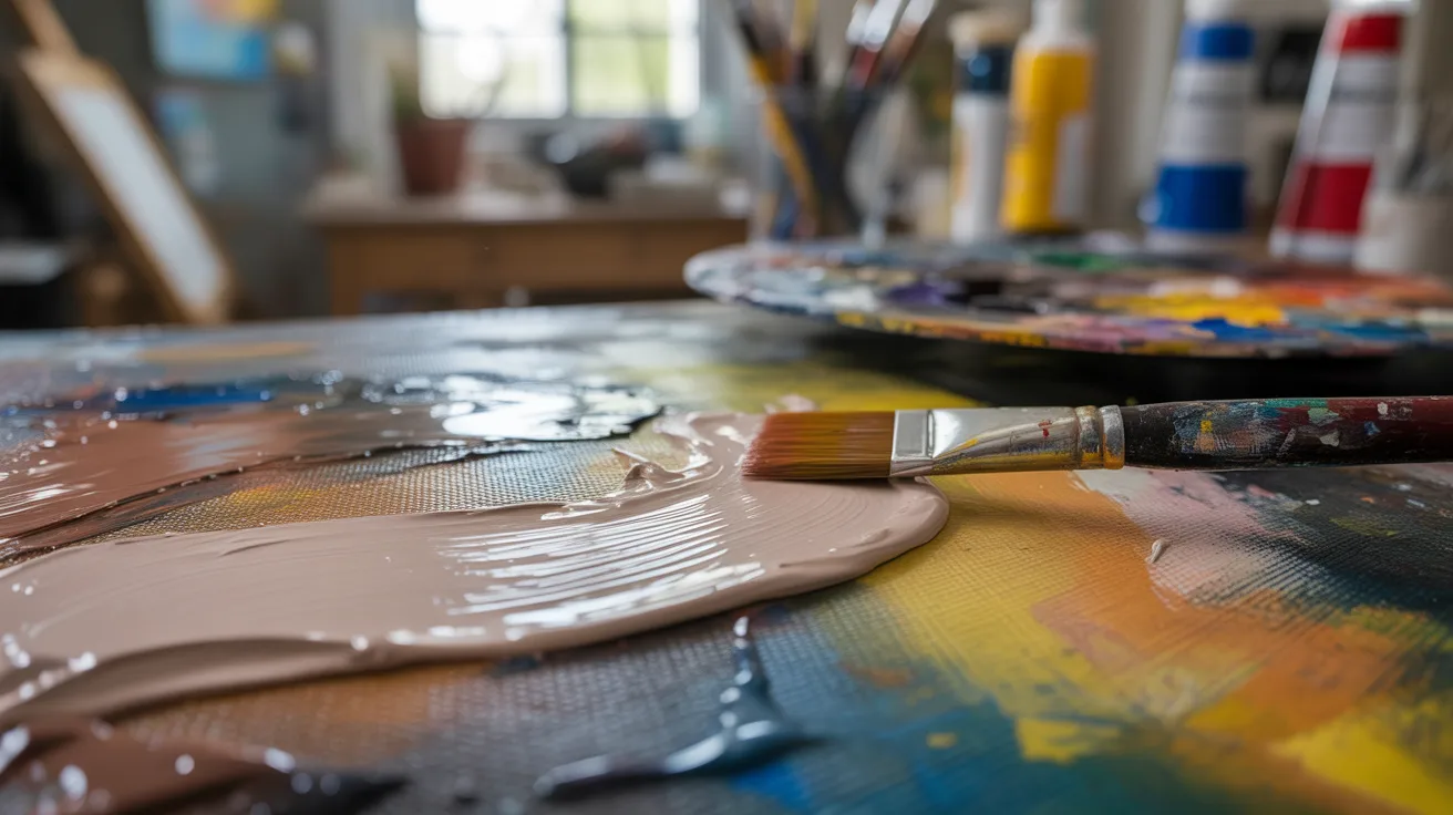 A paintbrush rests on an easel, surrounded by vibrant paint colors, ready for artistic creation.