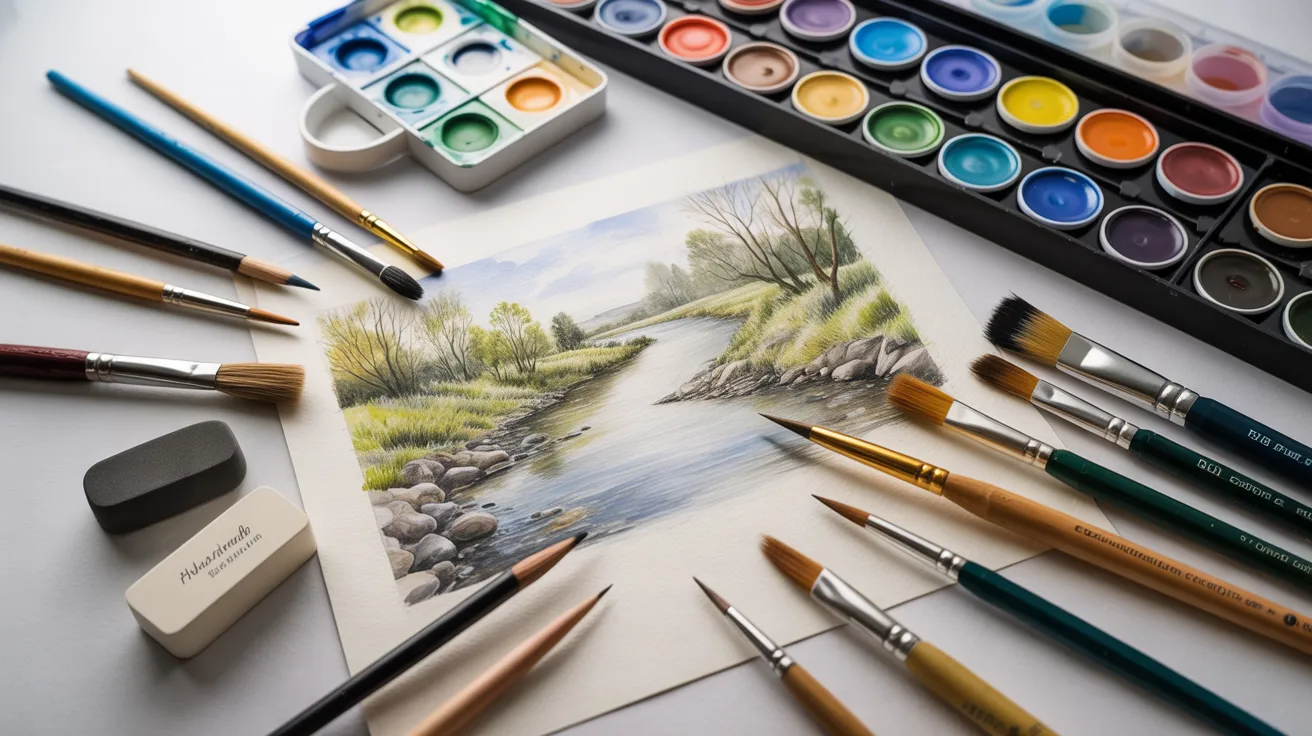 Watercolor painting featuring an array of brushes and vibrant paints arranged artistically on a surface.