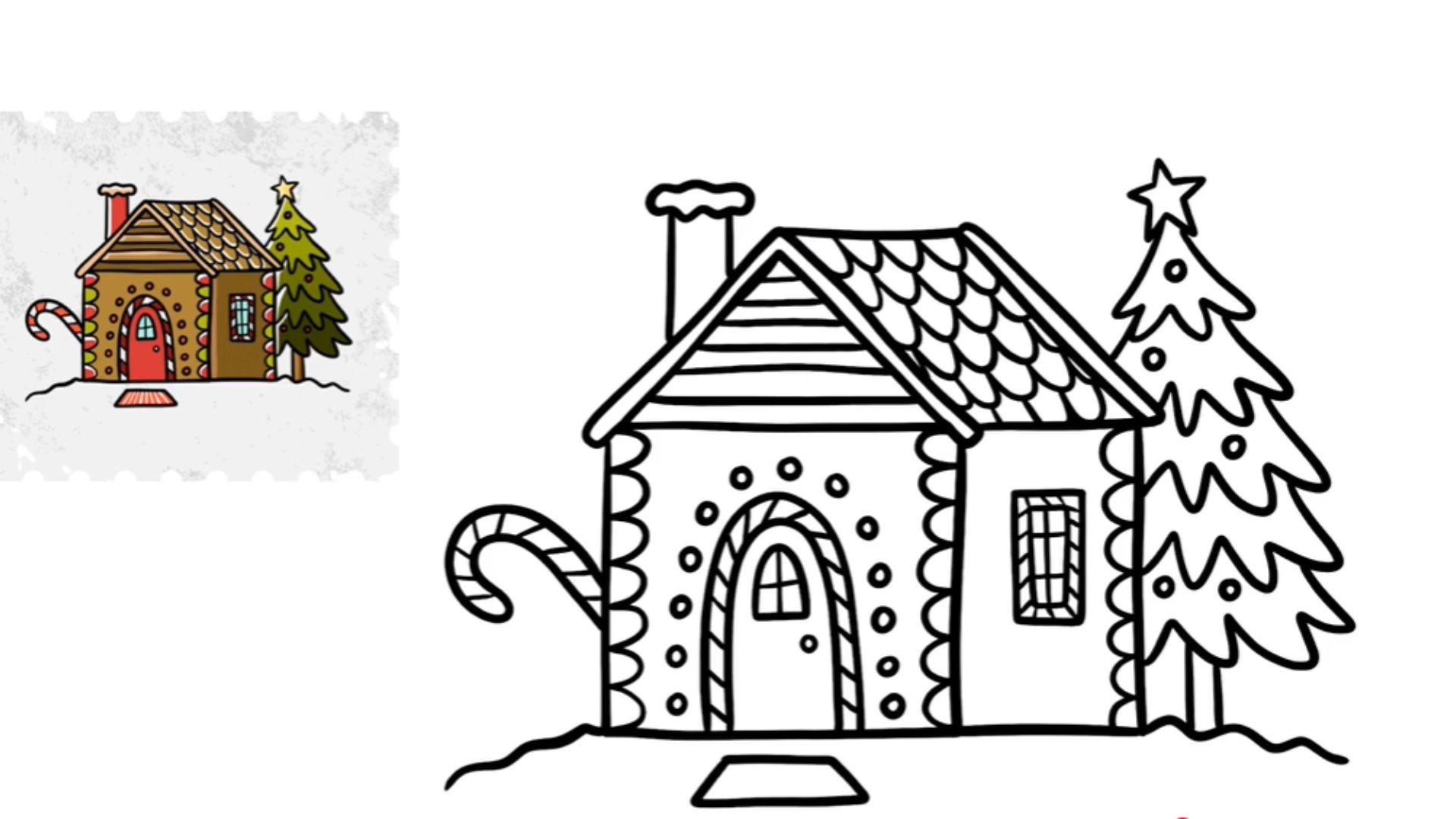Step-by-step guide on how to draw a detailed gingerbread house with icing and candy decorations.