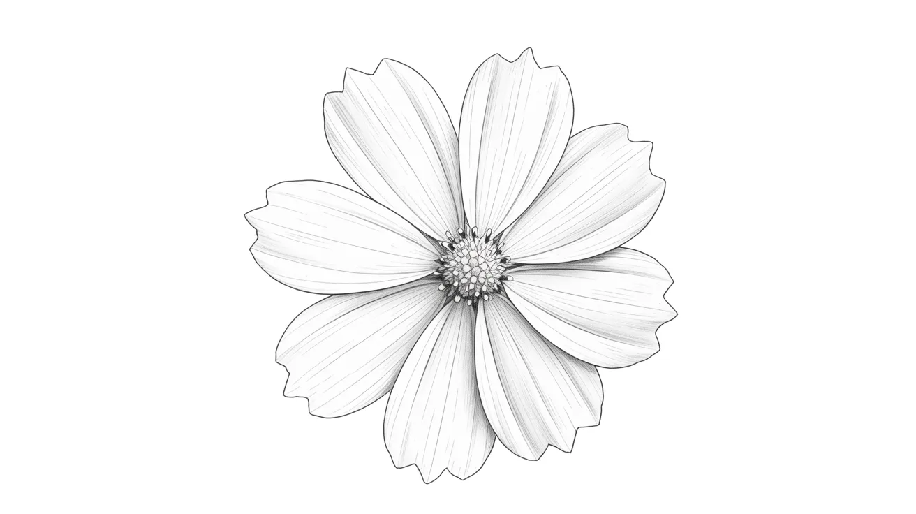 Detailed drawing of a cosmos flower with vibrant petals and intricate details, showcasing its natural beauty.