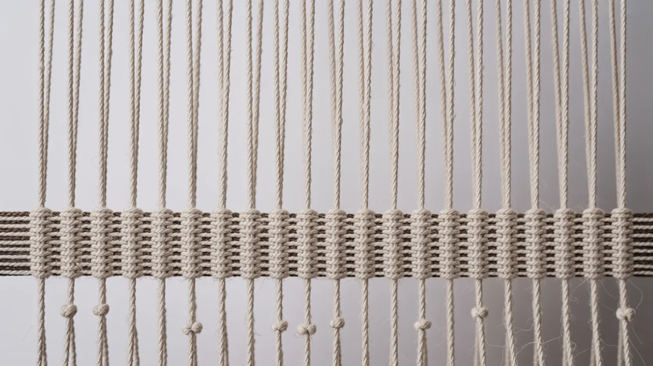 Close-up image of a handcrafted woven wall hanging with complex designs and natural fibers.