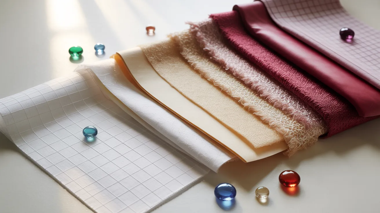 A collection of colorful fabric pieces and assorted beads arranged on a table surface.