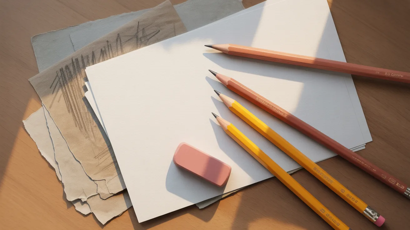 A pile of paper, pencils, and a ruler arranged on a wooden table surface.