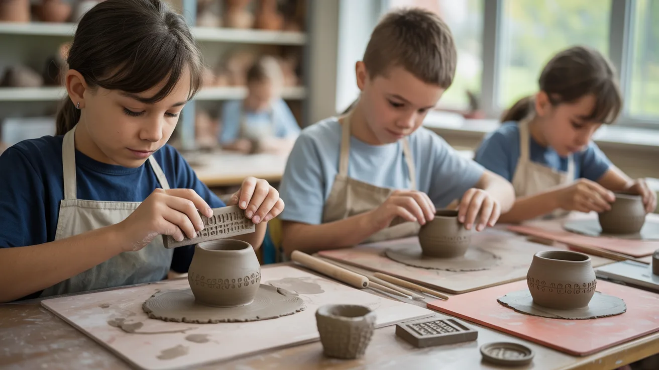 Children shaping clay into pottery in a bright classroom, focused on their creative projects and enjoying the process.