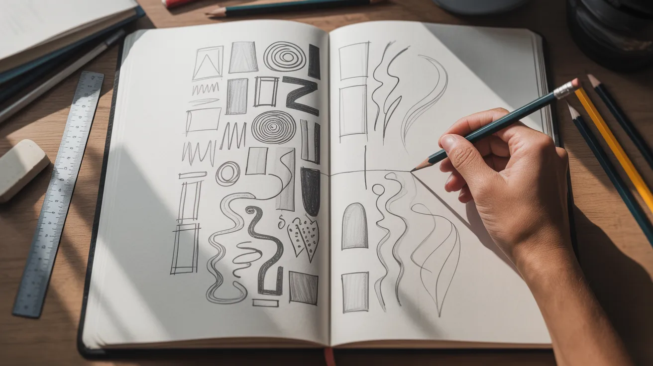 A person sketches in a notebook using various colored pencils and pens.