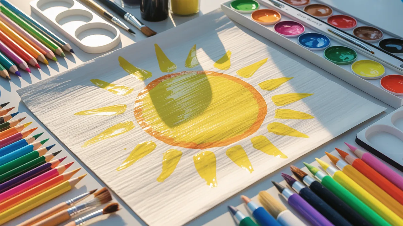 A table featuring a painted sun design, surrounded by an array of colorful pencils.