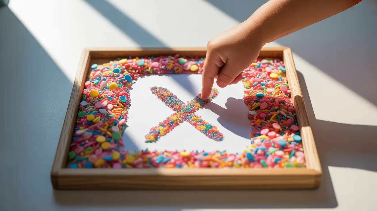 A child's hand gently touches a letter x surrounded by colorful sprinkles in a small box.