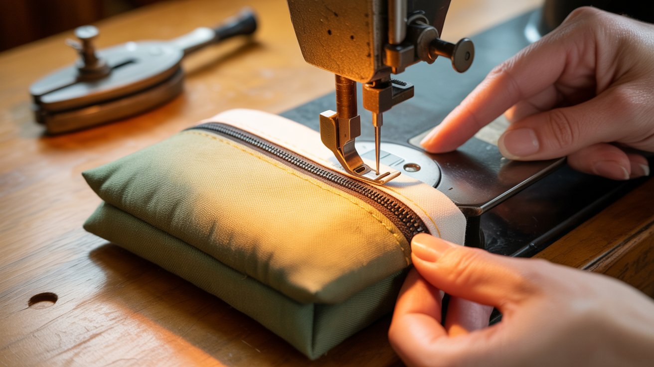 A person operates a sewing machine to create a green bag, focusing intently on their work.