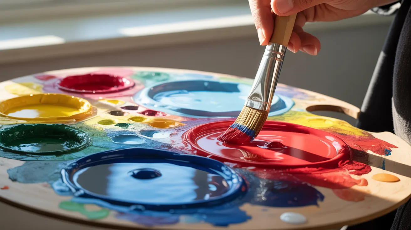 A person holds a paintbrush in one hand and a colorful palette in the other, ready to create art.