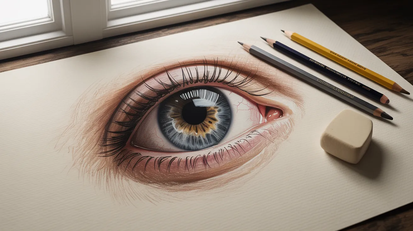 A drawing of an eye surrounded by colored pencils, with a window in the background, symbolizing creativity and vision.
