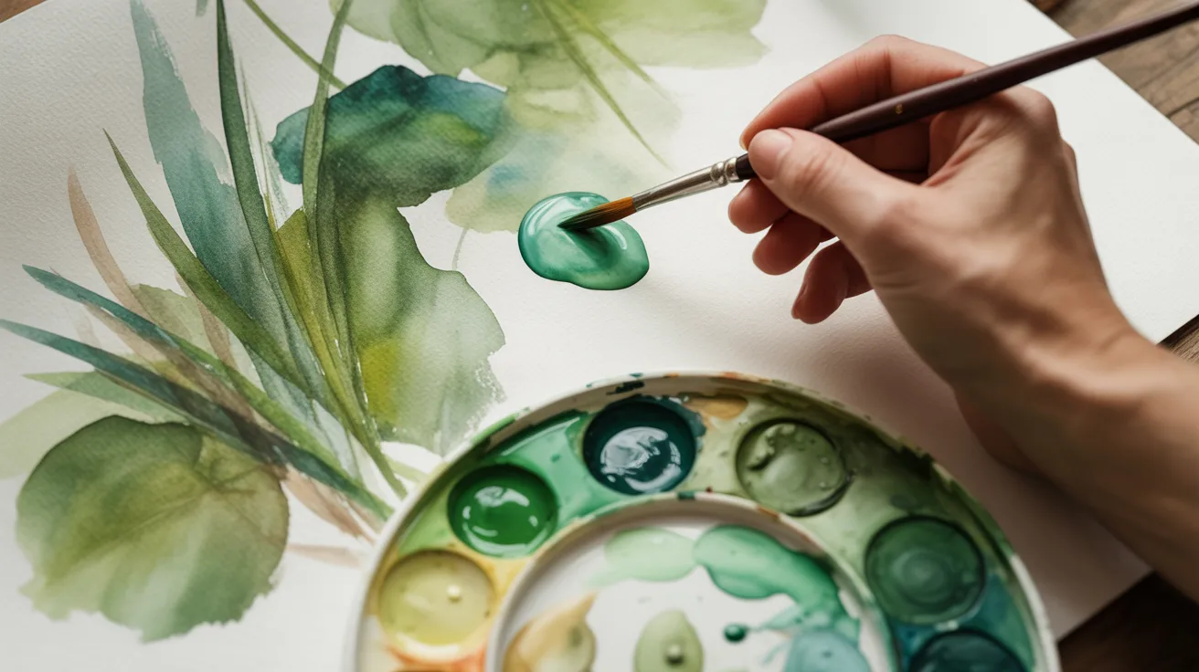 A person painting with watercolor on paper, focused on blending colors and creating a vibrant artwork.