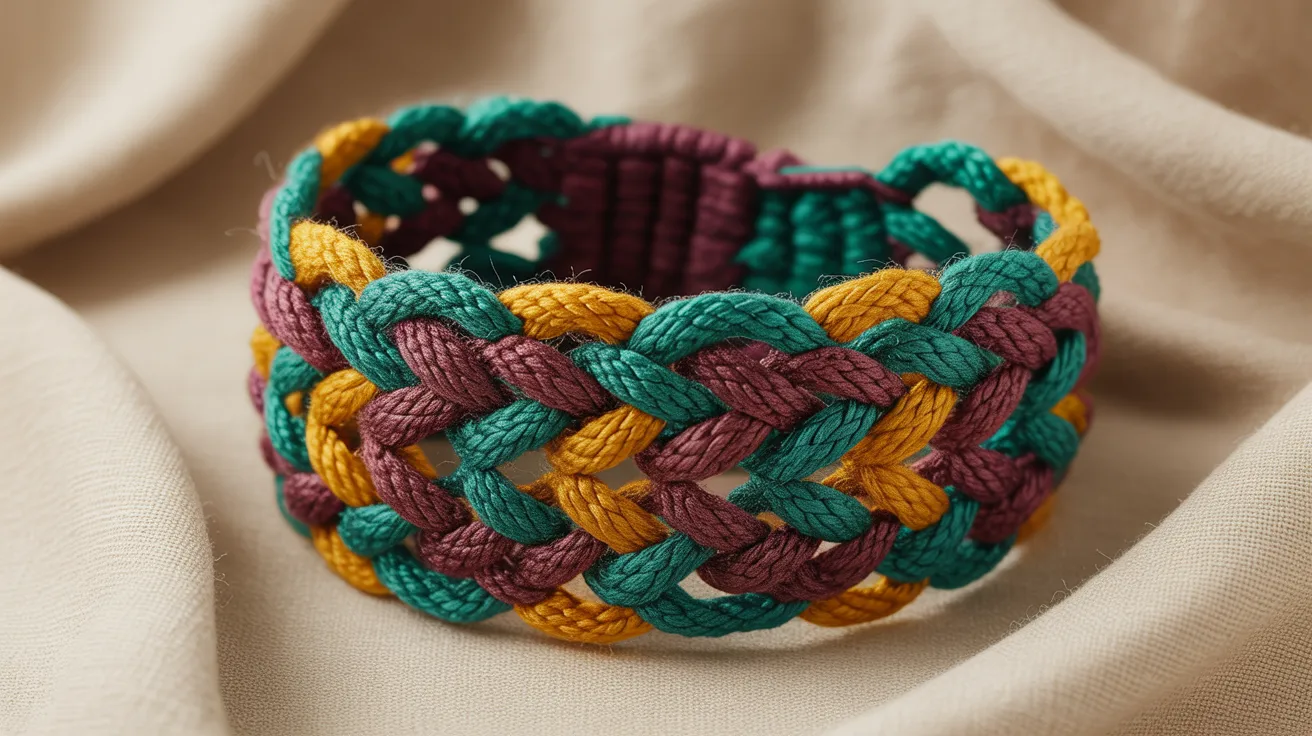 A multicolored braided bracelet displayed on a beige cloth background, showcasing its vibrant patterns and textures.