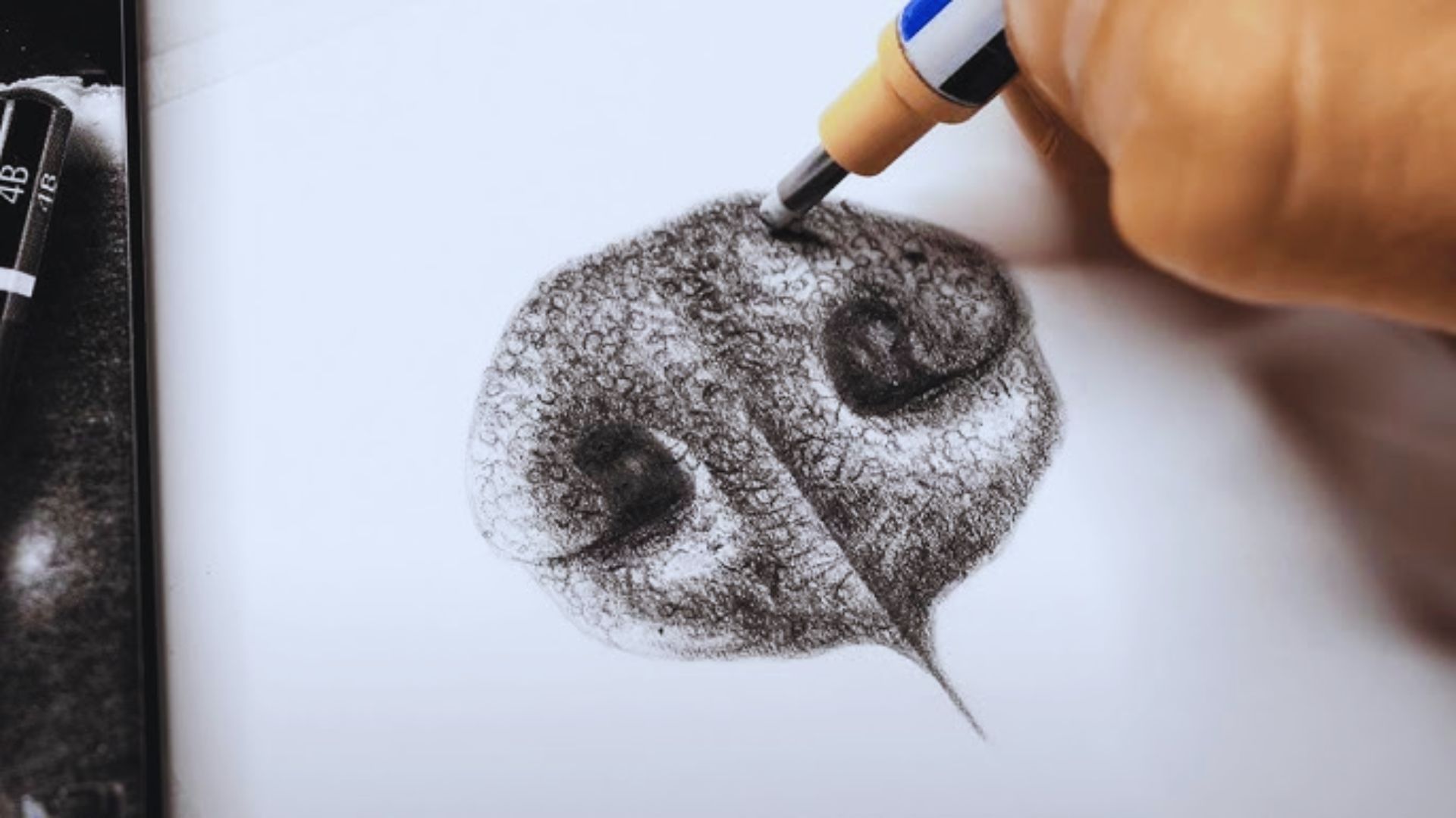 2. An individual is drawing a dog with a pencil on a white surface.