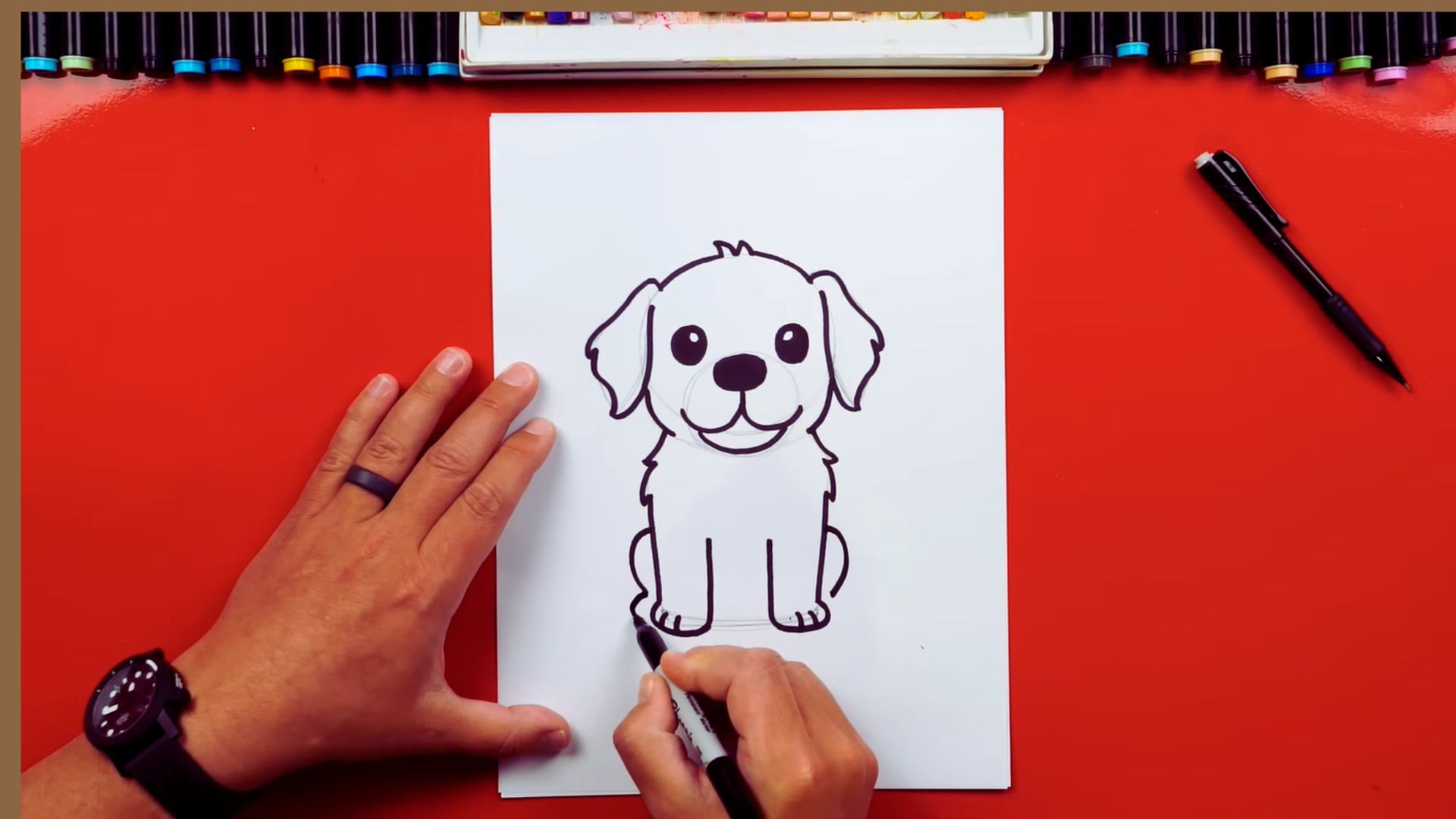 Cartoon drawing tutorial showing step-by-step instructions for sketching a dog in a playful style.