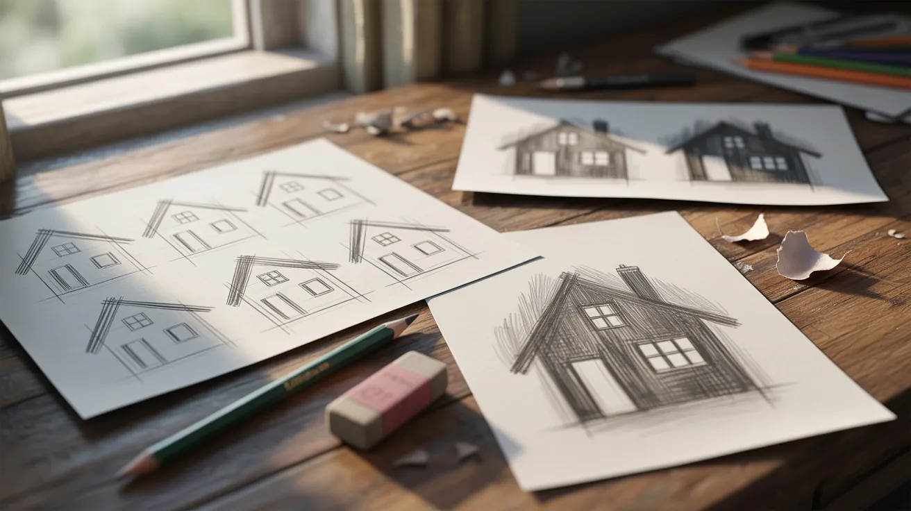 A sketch of a house placed on a desk with pencils and paper scattered around.