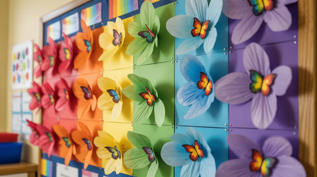 A bulletin board adorned with vibrant paper flowers in various colors, creating a cheerful and decorative display.