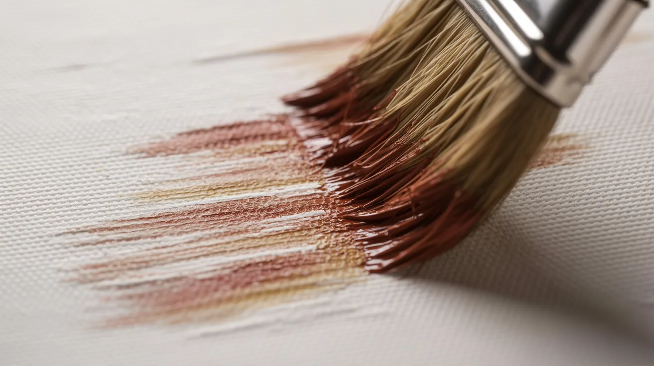 A hand holds a brush, applying paint to a blank canvas in an artistic setting.