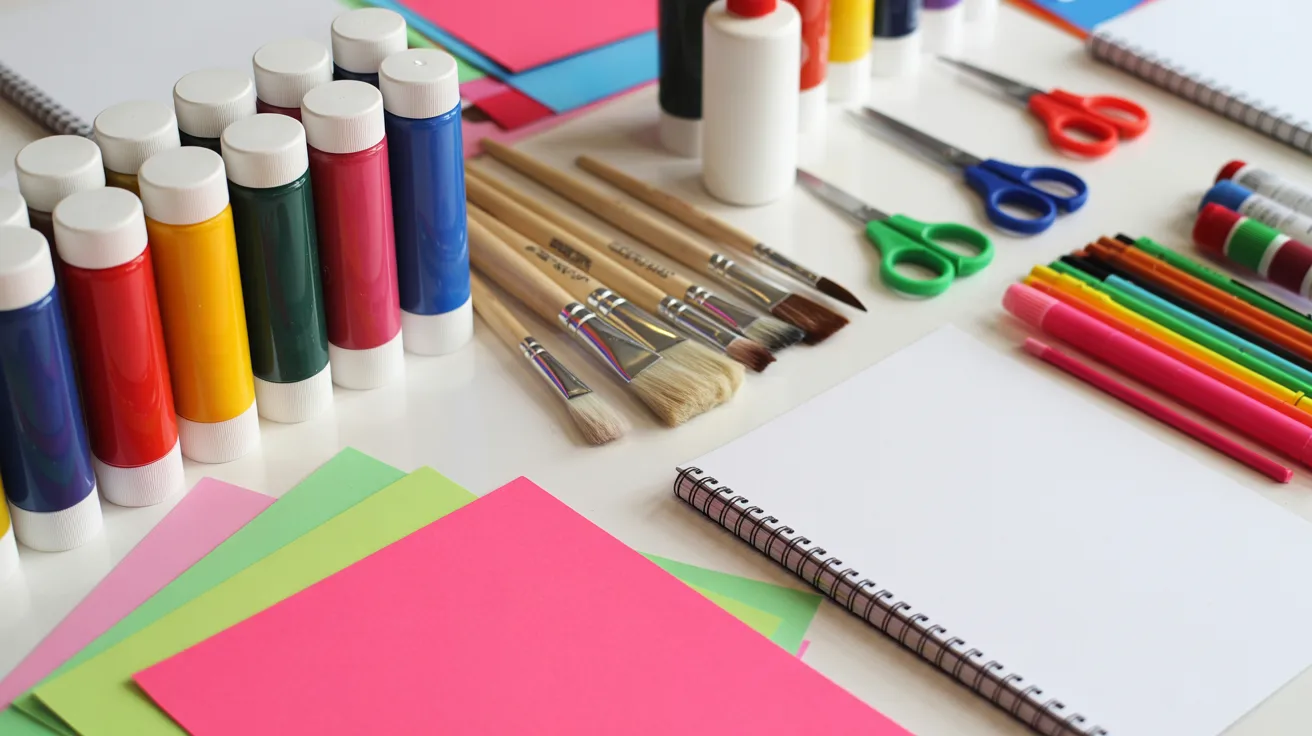 A variety of colored paper, pens, scissors, and other supplies are arranged on a table, ready for crafting activities.