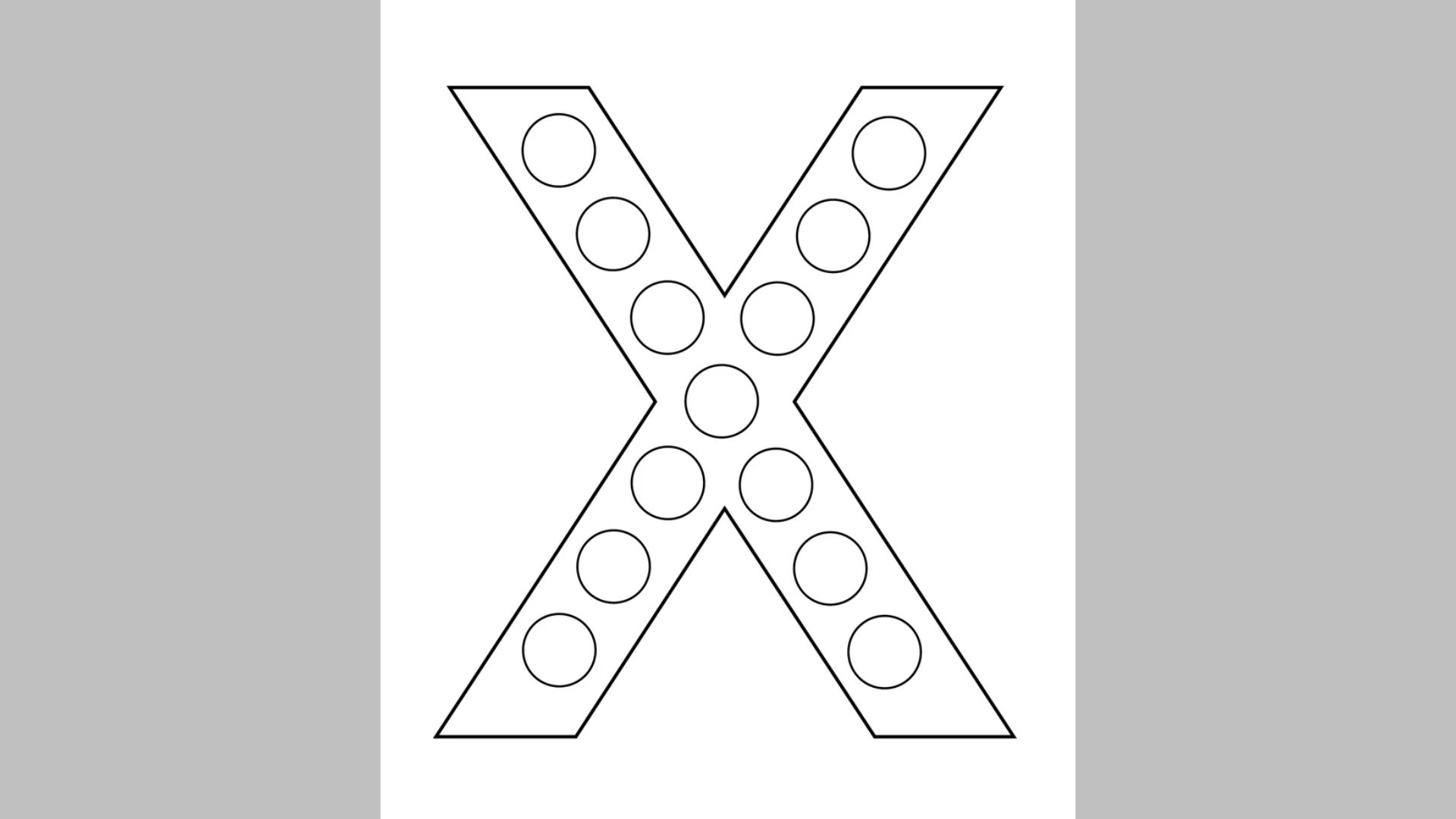 coloring page featuring the letter X, outlined and ready for coloring with various designs.