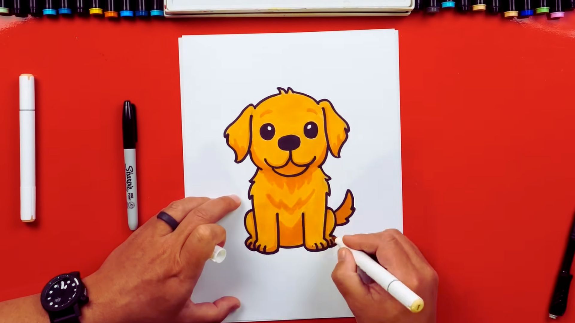 A tutorial image showing steps to draw a dog, with Korean text and illustrations, intended for a YouTube audience.