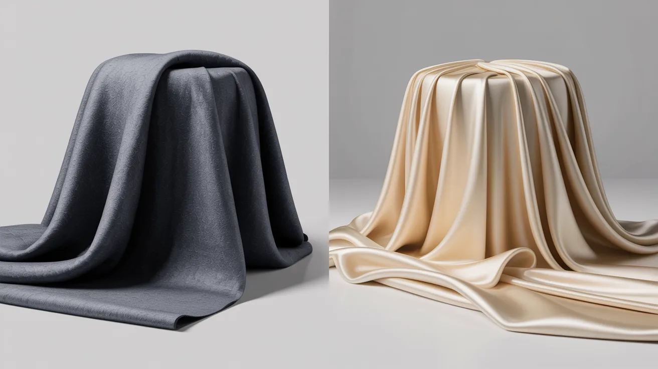 Two distinct types of silk fabric displayed side by side, showcasing their unique textures and colors.