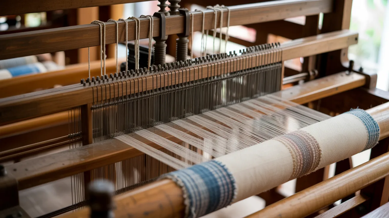 Close-up of a weaving machine producing a blue and white patterned cloth, showcasing intricate details of the weaving process.