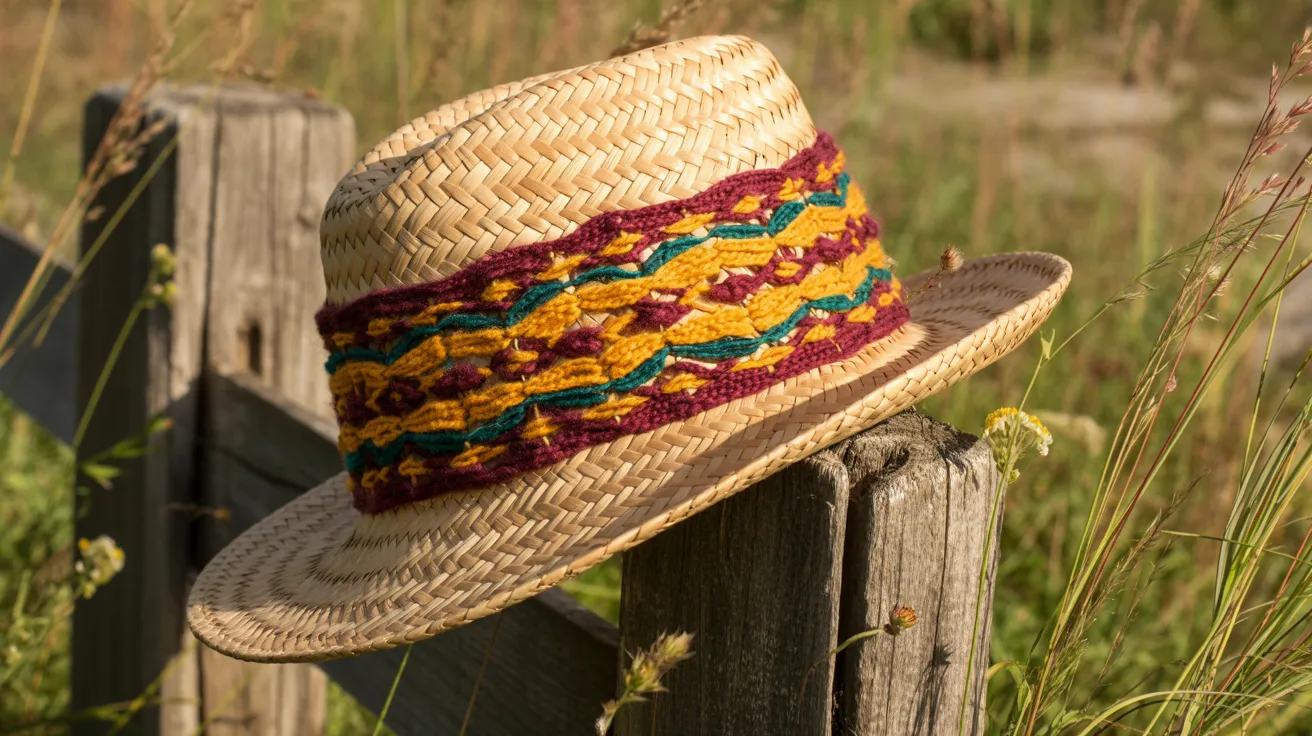 A straw hat with an array of colorful stripes decorating it.