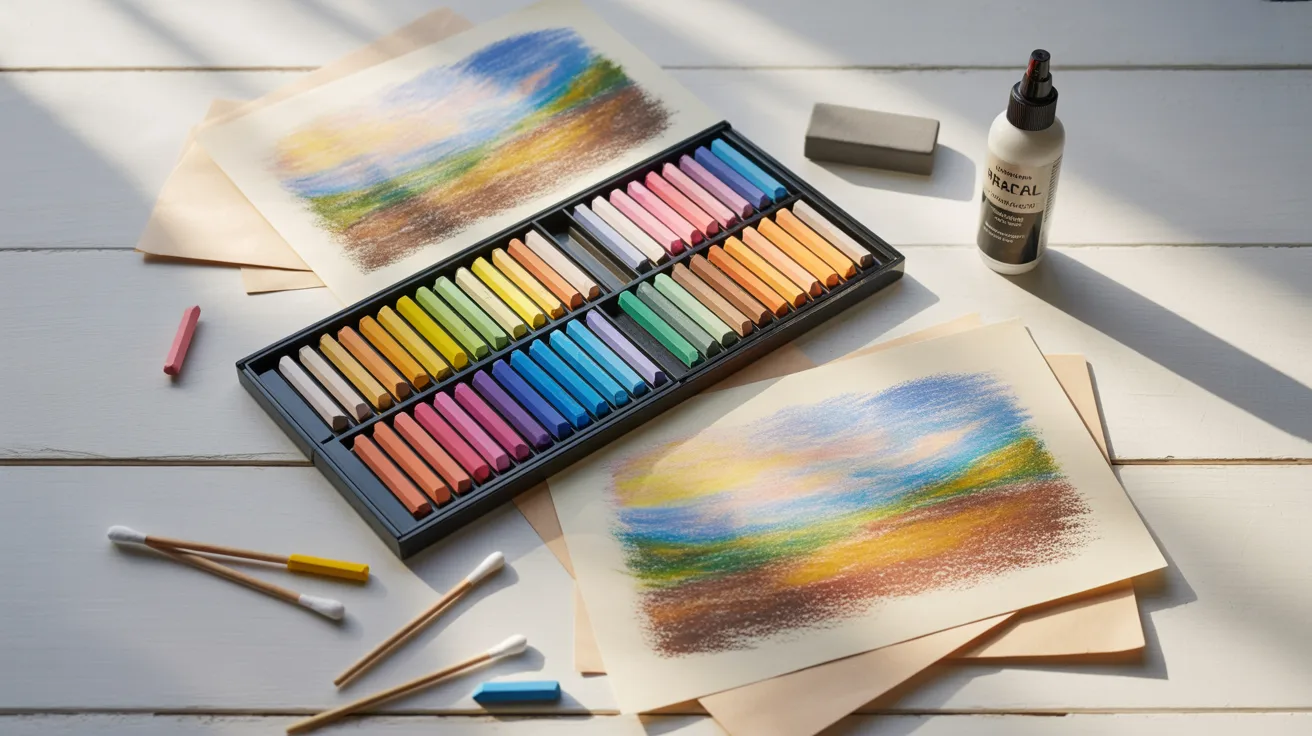 A box of colorful crayons next to a bottle of paint, showcasing art supplies for creative projects.