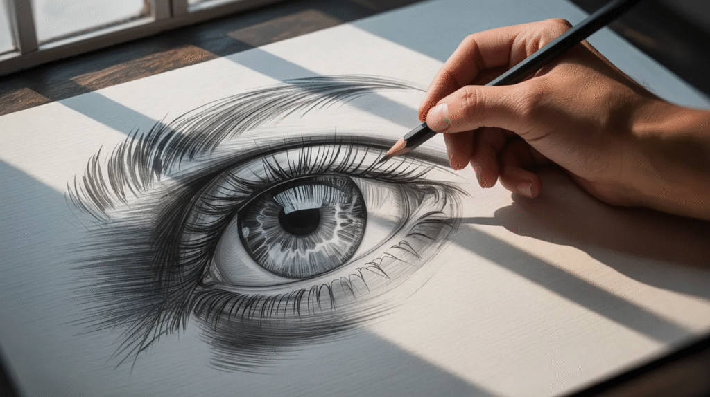 A person sketches an eye on paper using a pencil, focusing intently on their drawing.