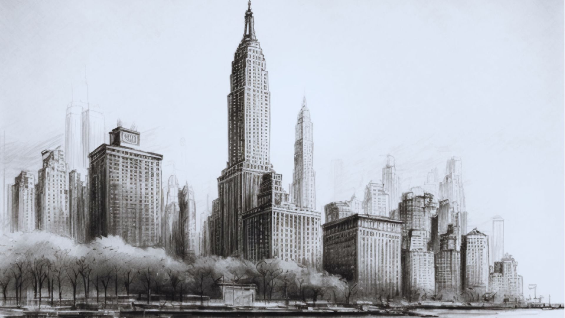 Illustration of a city skyline with various tall buildings reaching towards the sky.