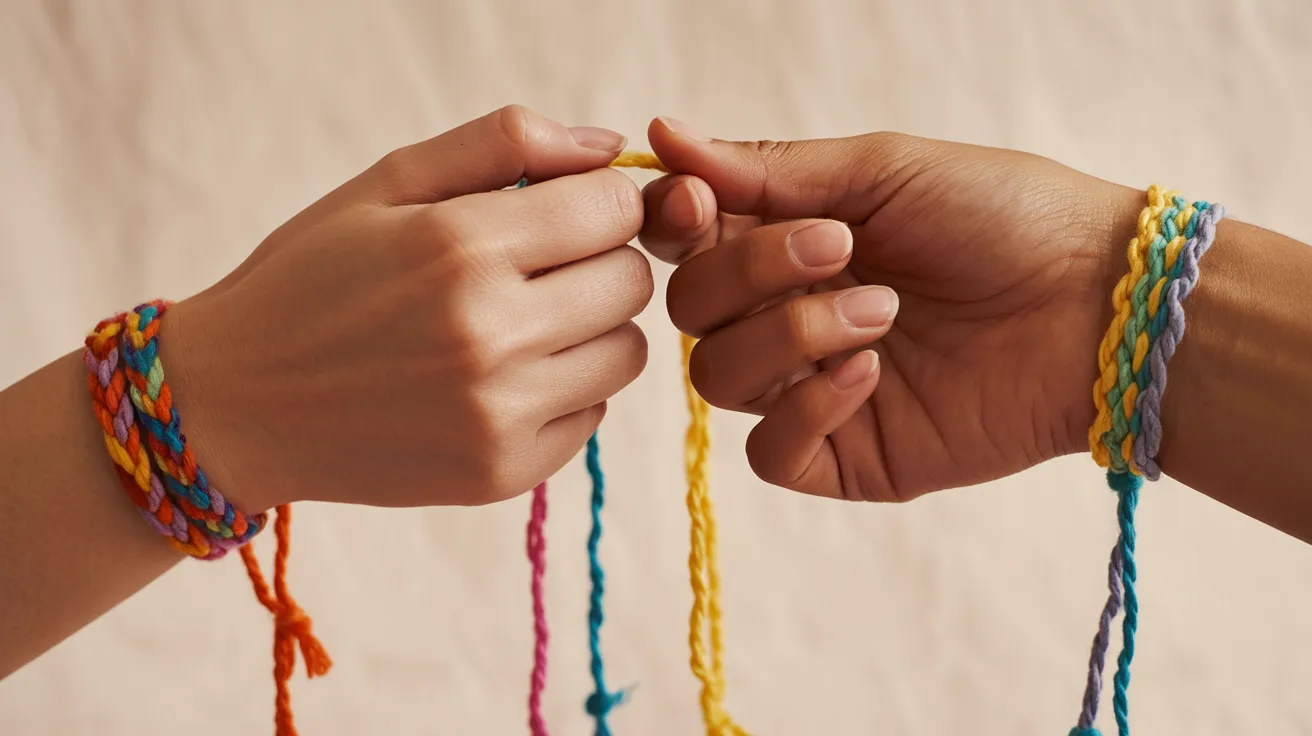 Close-up of two hands grasping vibrant string bracelets in various colors, highlighting their intricate designs.