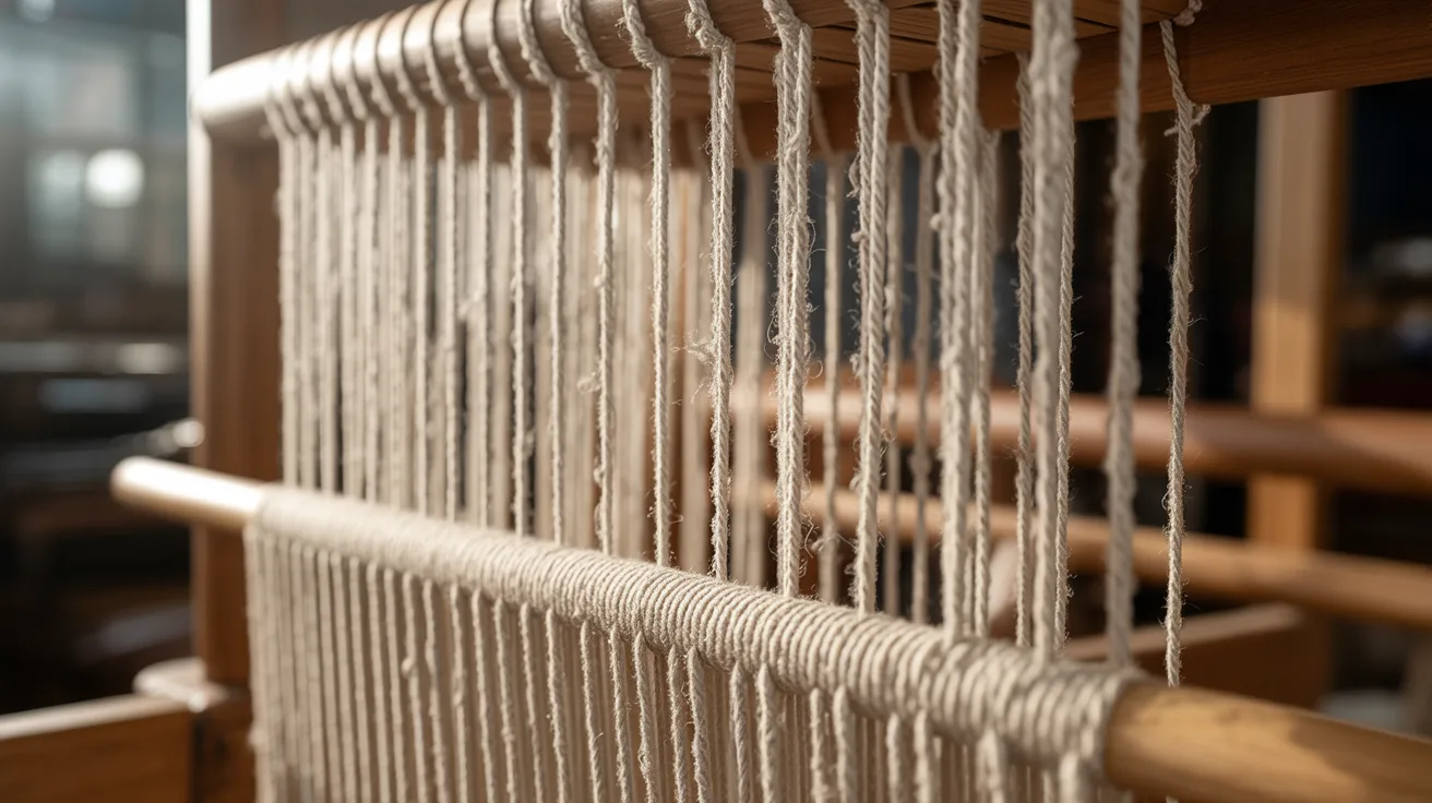 Close-up image of a weaving machine, highlighting white threads being woven together in the textile process.