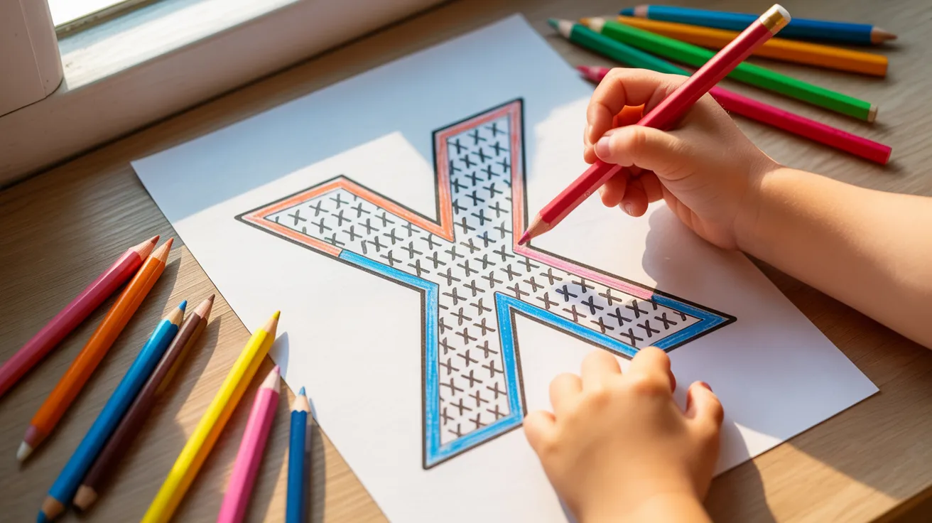 A child uses colored pencils to draw the letter X on a sheet of paper, showcasing creativity and focus.