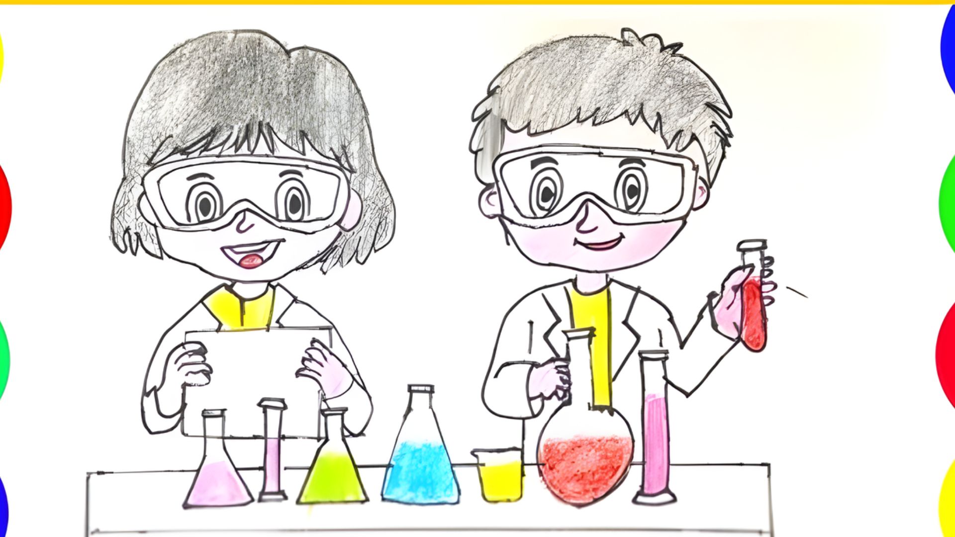 A drawing of two individuals wearing lab coats and glasses, engaged in a scientific discussion.