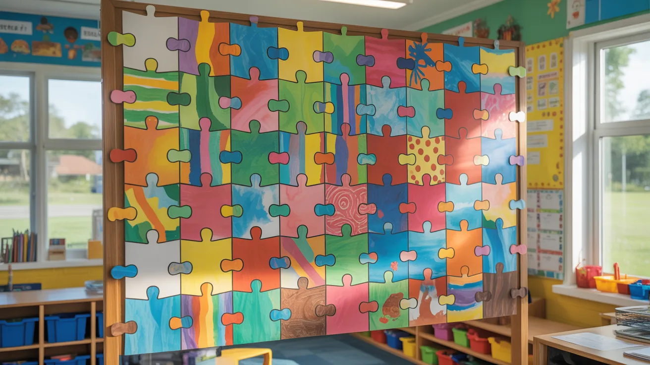 A classroom featuring a colorful wall decorated with large puzzle pieces, symbolizing inclusivity and collaboration.