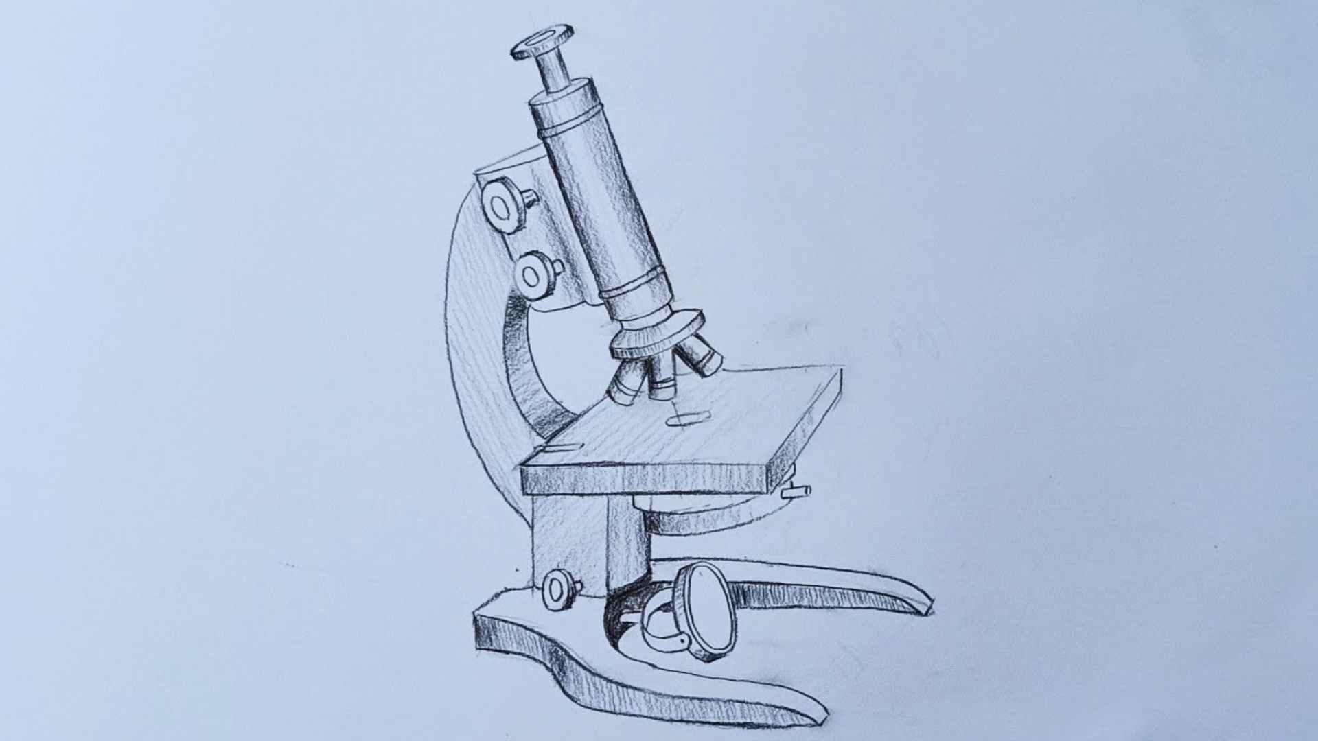 A drawing of a microscope placed on a wooden table, showcasing its intricate details and scientific design.
