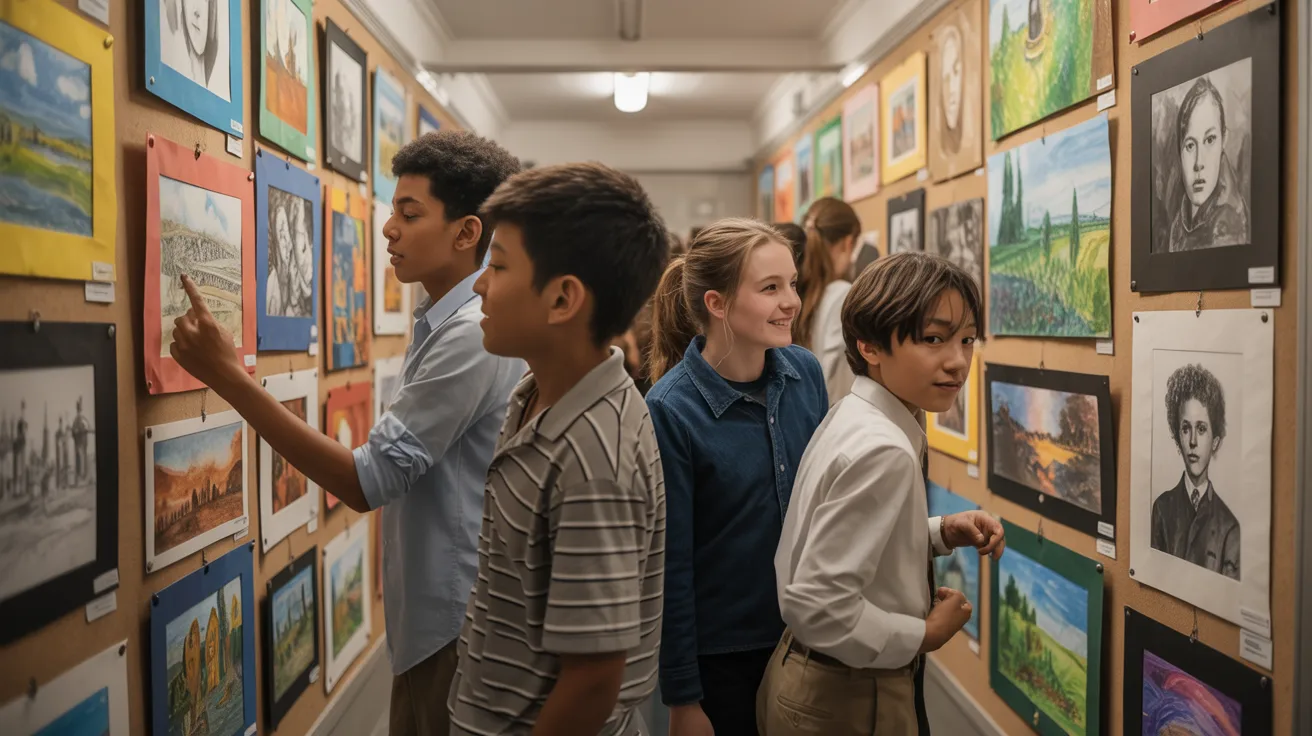 A group of children observing various artworks displayed on a wall in an art gallery setting.
