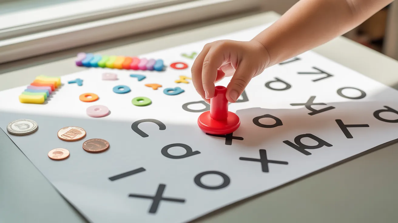 A child engages with a colorful letter and number game, exploring educational play with enthusiasm and curiosity.