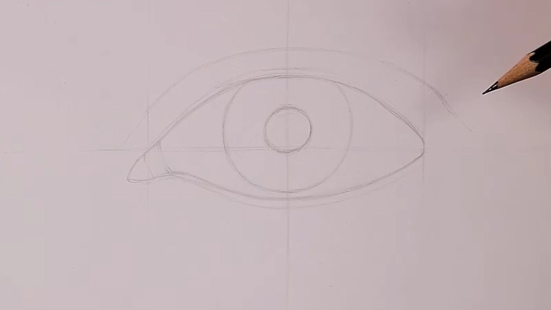 Step 1 of drawing an eye, featuring basic shapes and guidelines for eye structure and proportions.