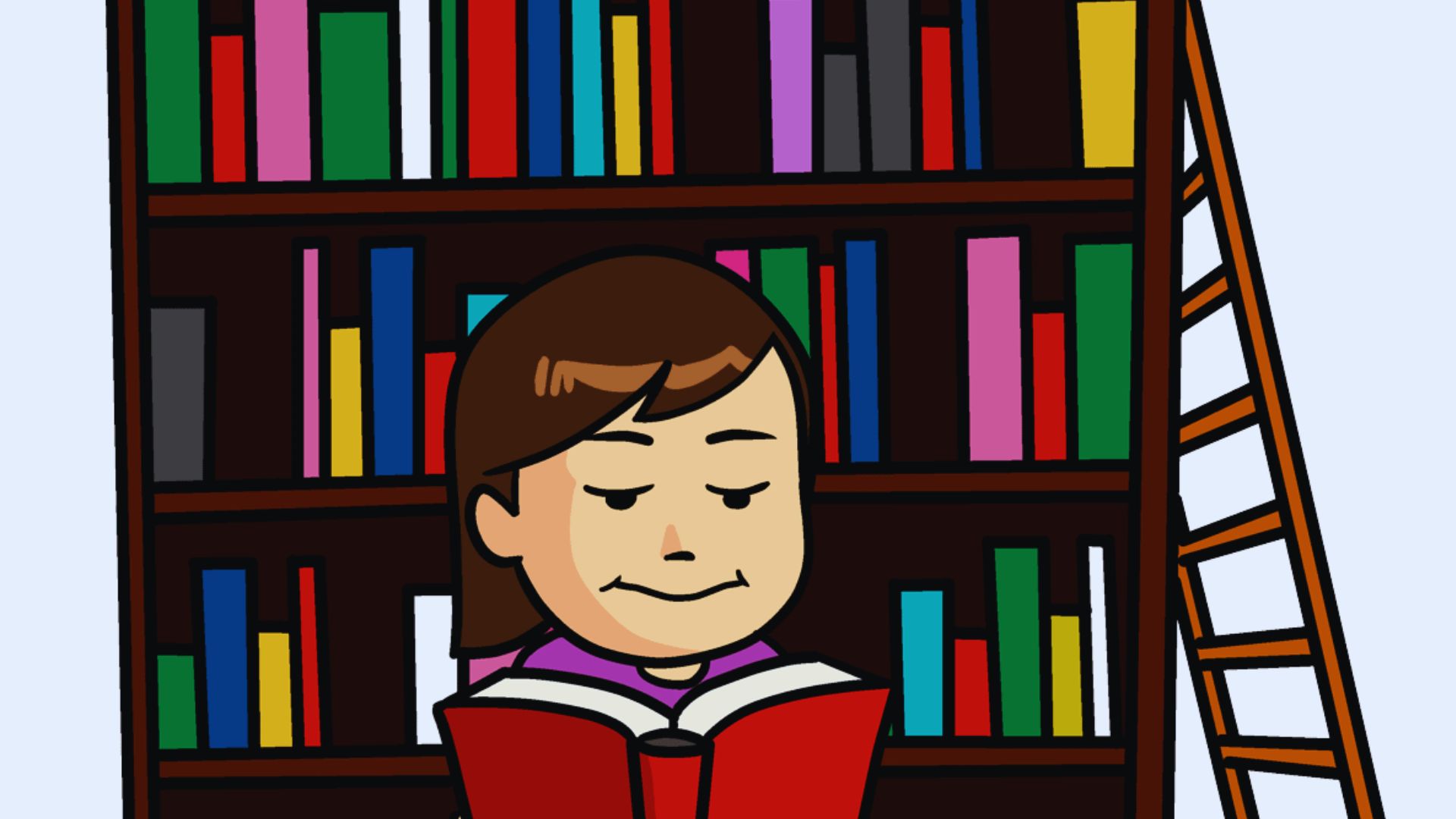 Cartoon woman reading a book in front of a colorful bookshelf filled with various books.